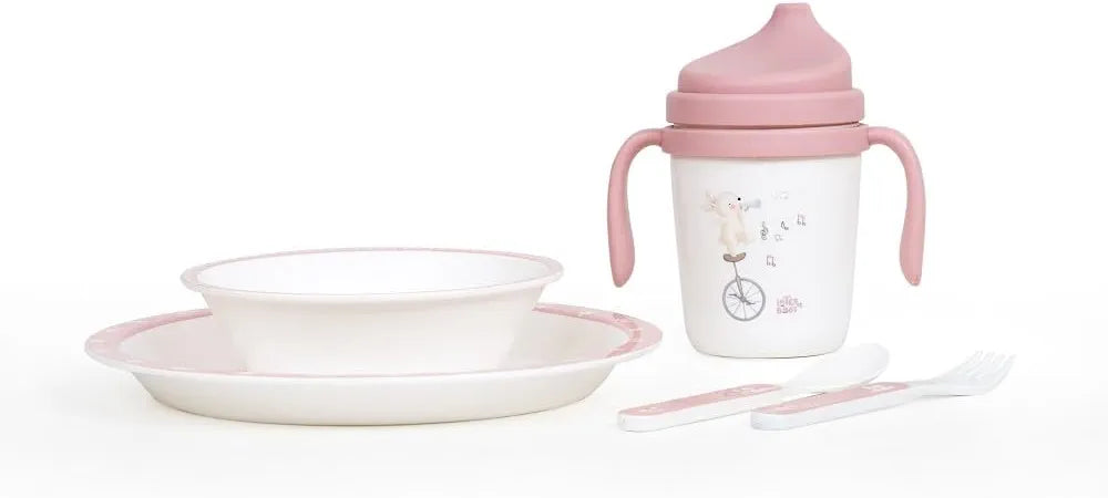 Set de vajilla de aprendizaje 5 piezas Interbaby – seguro, divertido y ergonómico para bebés en color rosa
