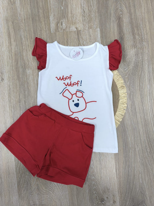Conjunto de niña con camiseta bordada de perro y pantalón corto rojo
