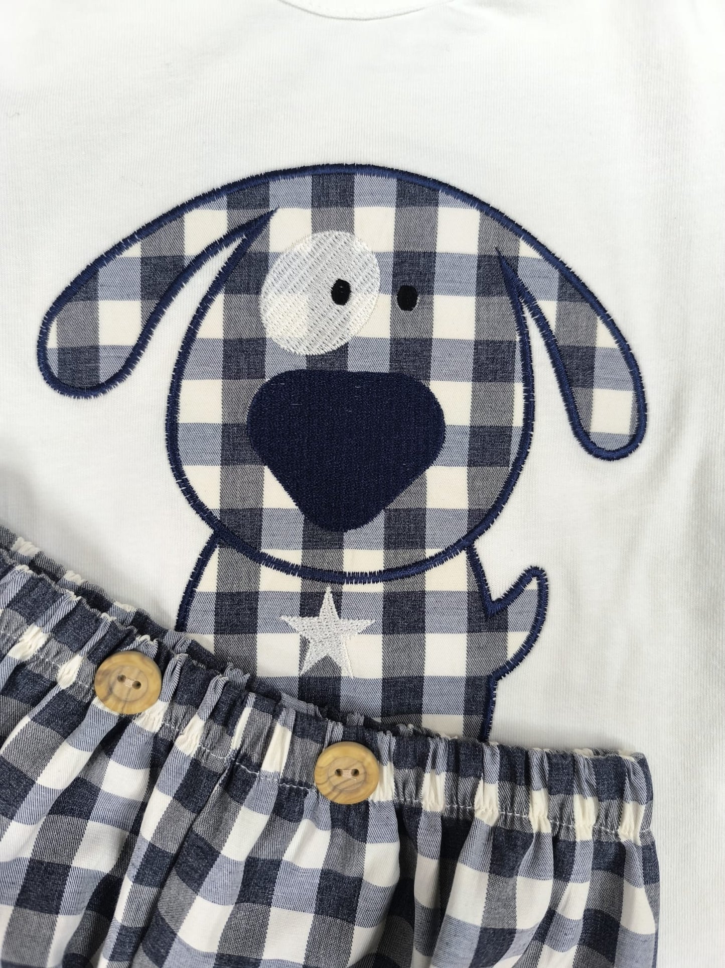 Conjunto bebé perrito vichy azul marino | Camiseta manga corta con pololo
