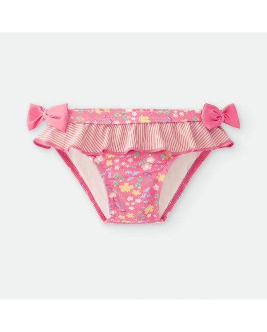 Bañador culetín rosa con flores, volante de rayas y lazos – Waterlemon