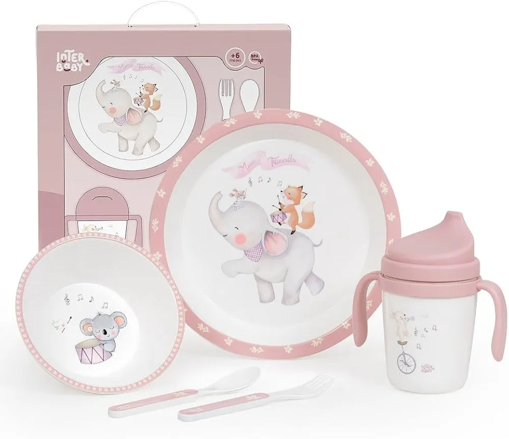 Set de vajilla de aprendizaje 5 piezas Interbaby – seguro, divertido y ergonómico para bebés en color rosa
