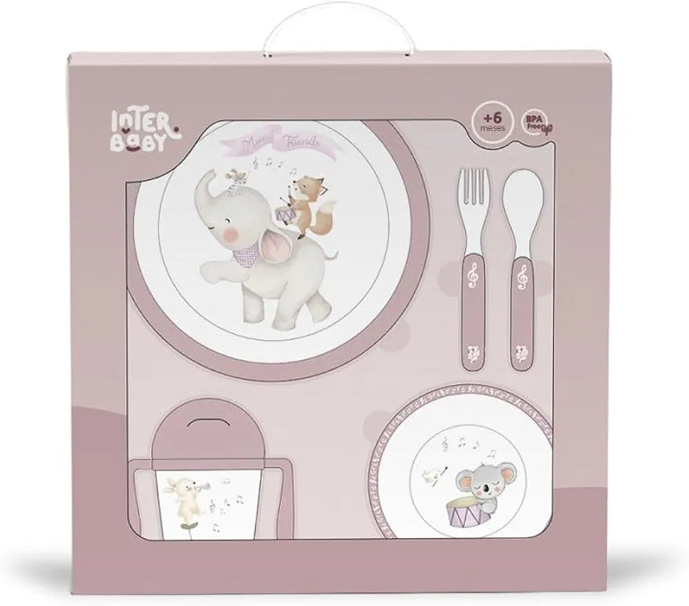 Set de vajilla de aprendizaje 5 piezas Interbaby – seguro, divertido y ergonómico para bebés en color rosa