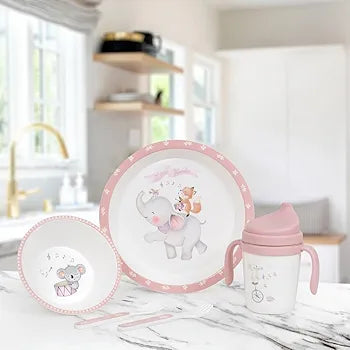 Set de vajilla de aprendizaje 5 piezas Interbaby – seguro, divertido y ergonómico para bebés en color rosa