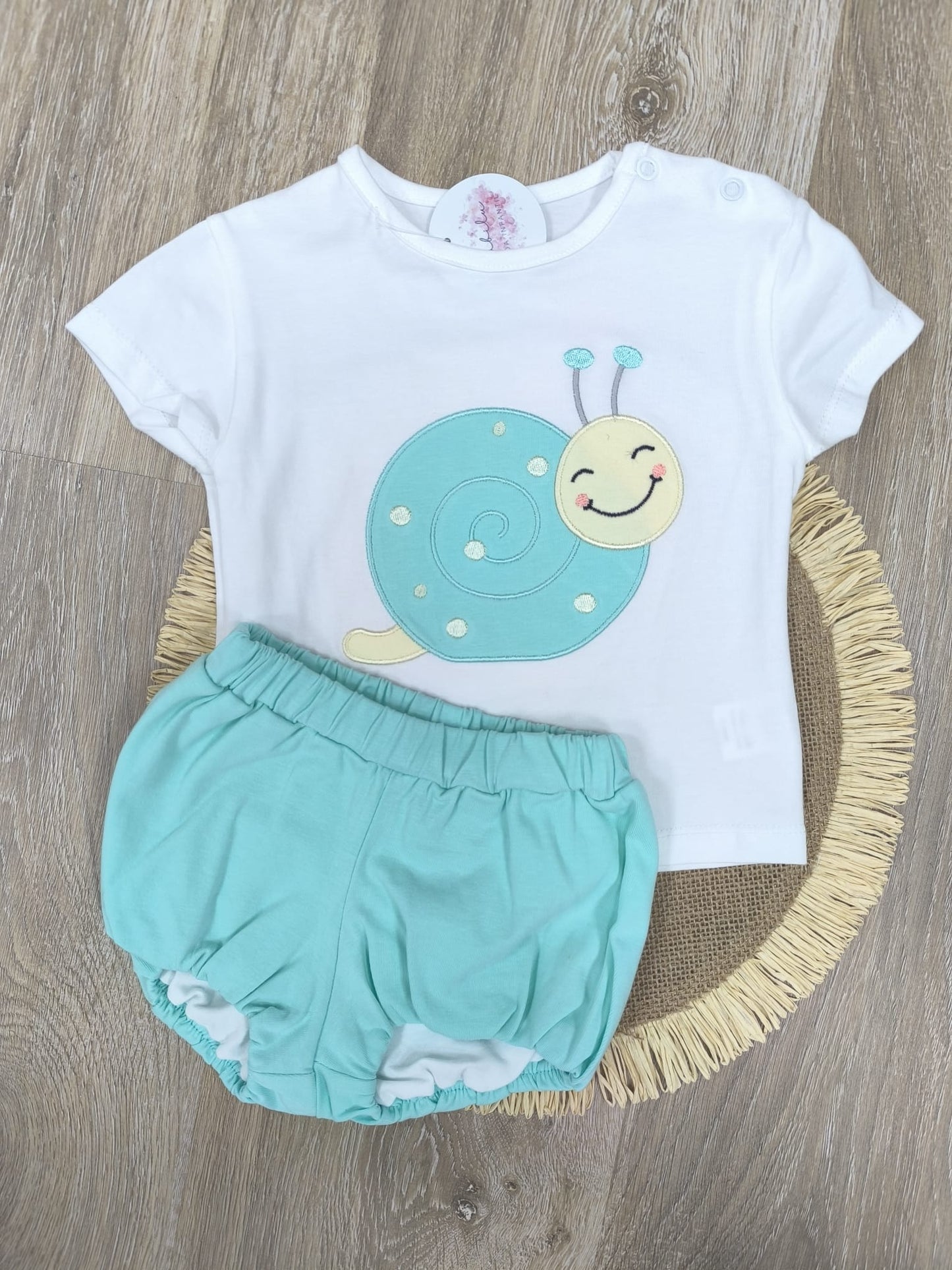 Conjunto bebé caracol verde agua | Camiseta manga corta + pololo