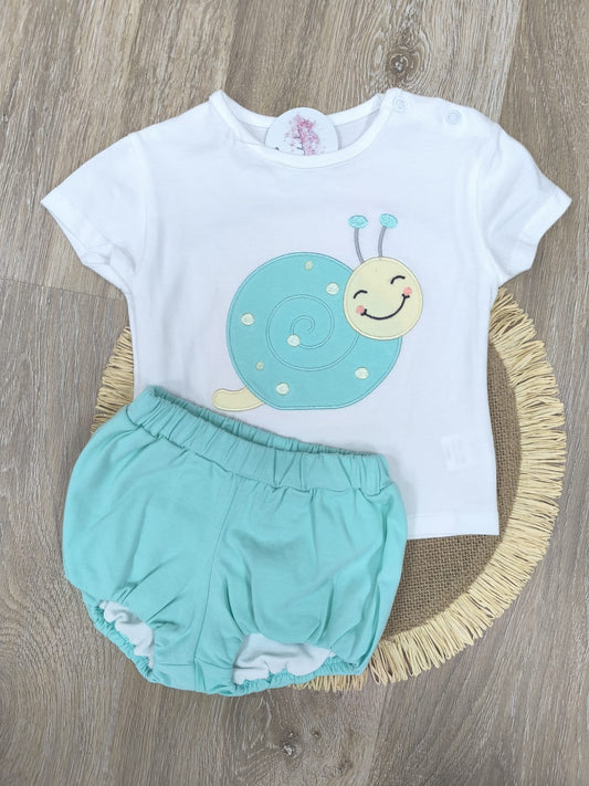 Conjunto bebé caracol verde agua | Camiseta manga corta + pololo