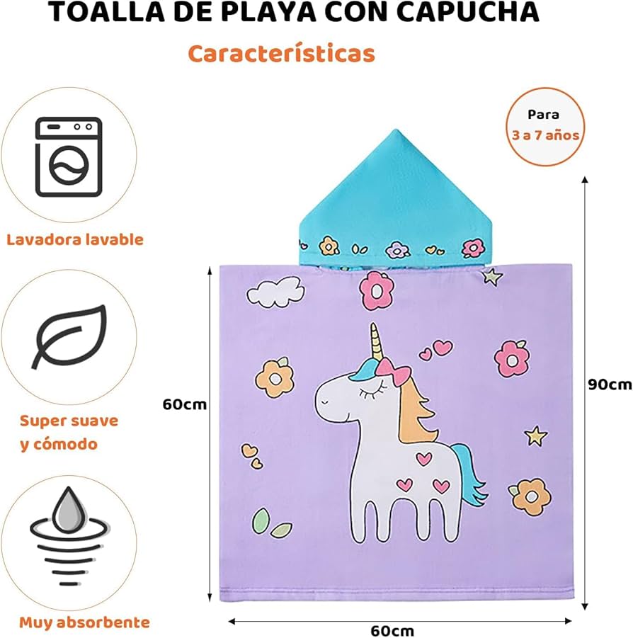 Toalla poncho con gorro para niña – Unicornio morado | Ligera, suave y de secado rápido (60x120 cm)