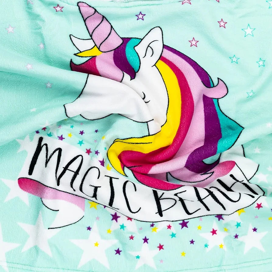 Toalla poncho con gorro para niña – Unicornio “Magic Beach” verde agua| Ligera y de secado rápido (60x120 cm