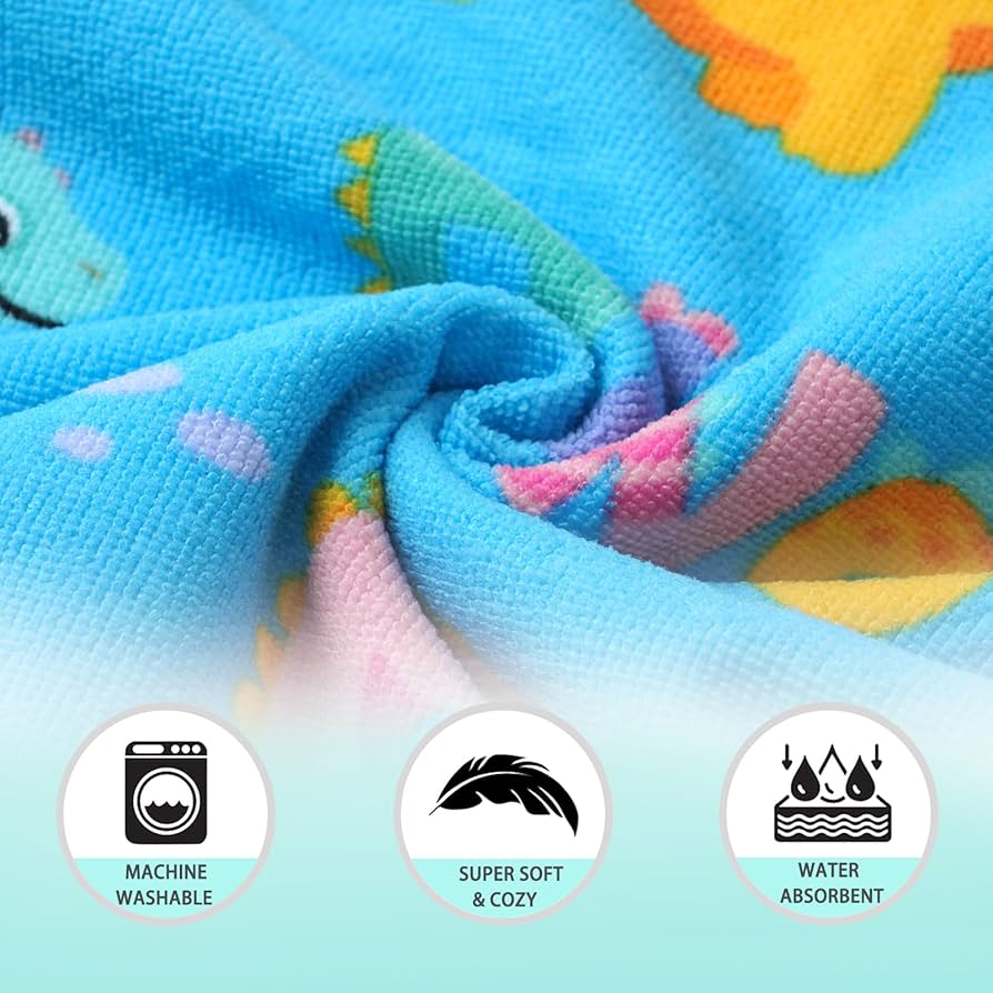 Toalla poncho con gorro para niño – Dinosaurios de colores | Ligera, divertida y de secado rápido (60x120 cm)