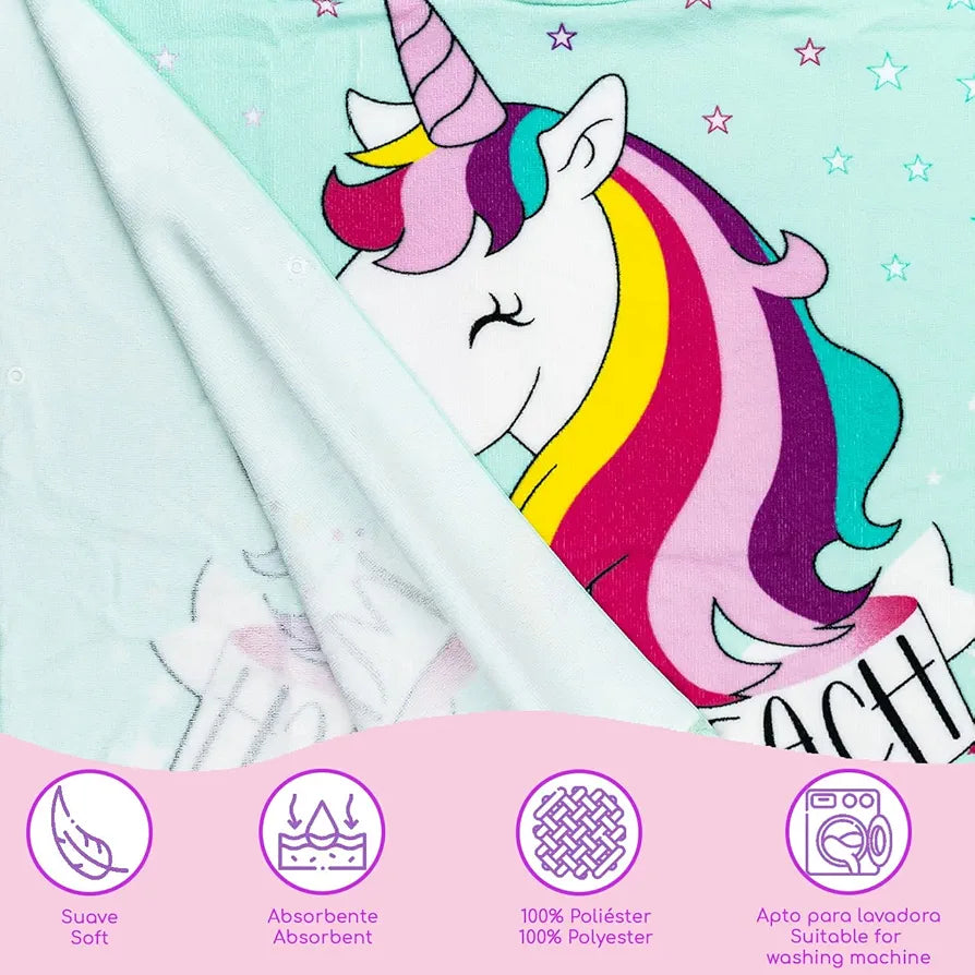 Toalla poncho con gorro para niña – Unicornio “Magic Beach” verde agua| Ligera y de secado rápido (60x120 cm