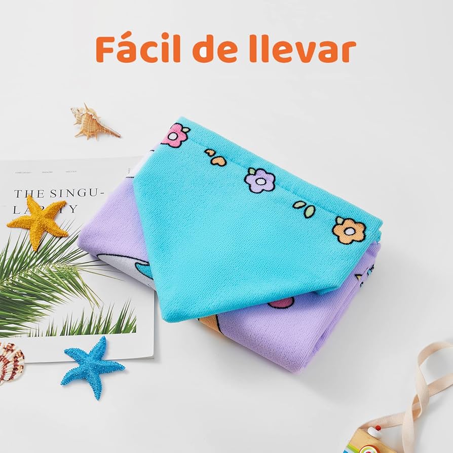 Toalla poncho con gorro para niña – Unicornio morado | Ligera, suave y de secado rápido (60x120 cm)