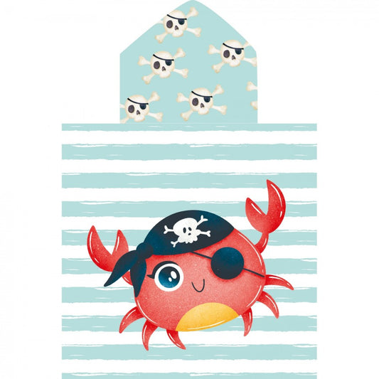 Toalla poncho con gorro para niño – Cangrejo pirata| Ligera, divertida y de secado rápido (60x120 cm)