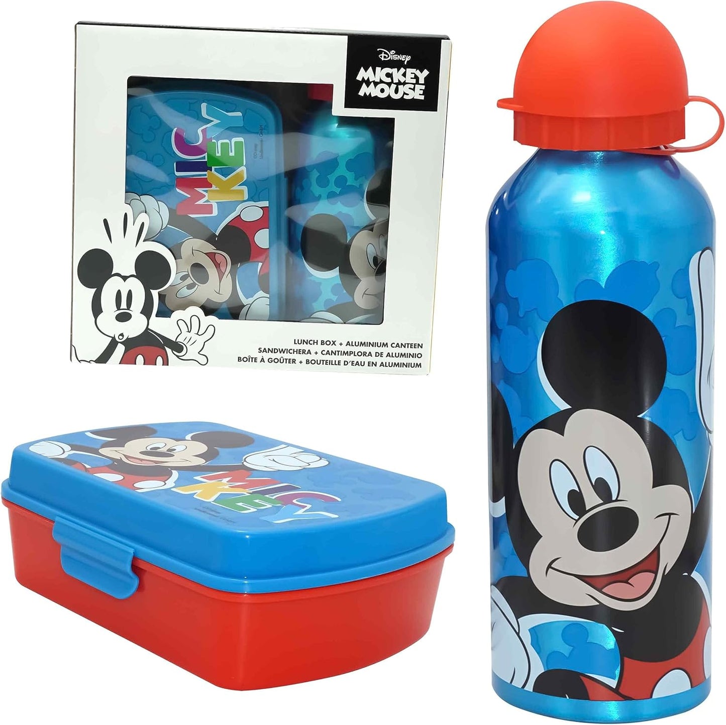 Pack Fiambrera y Botella de Acero Inoxidable Infantil Disney Mickey Mouse en Azul y Rojo