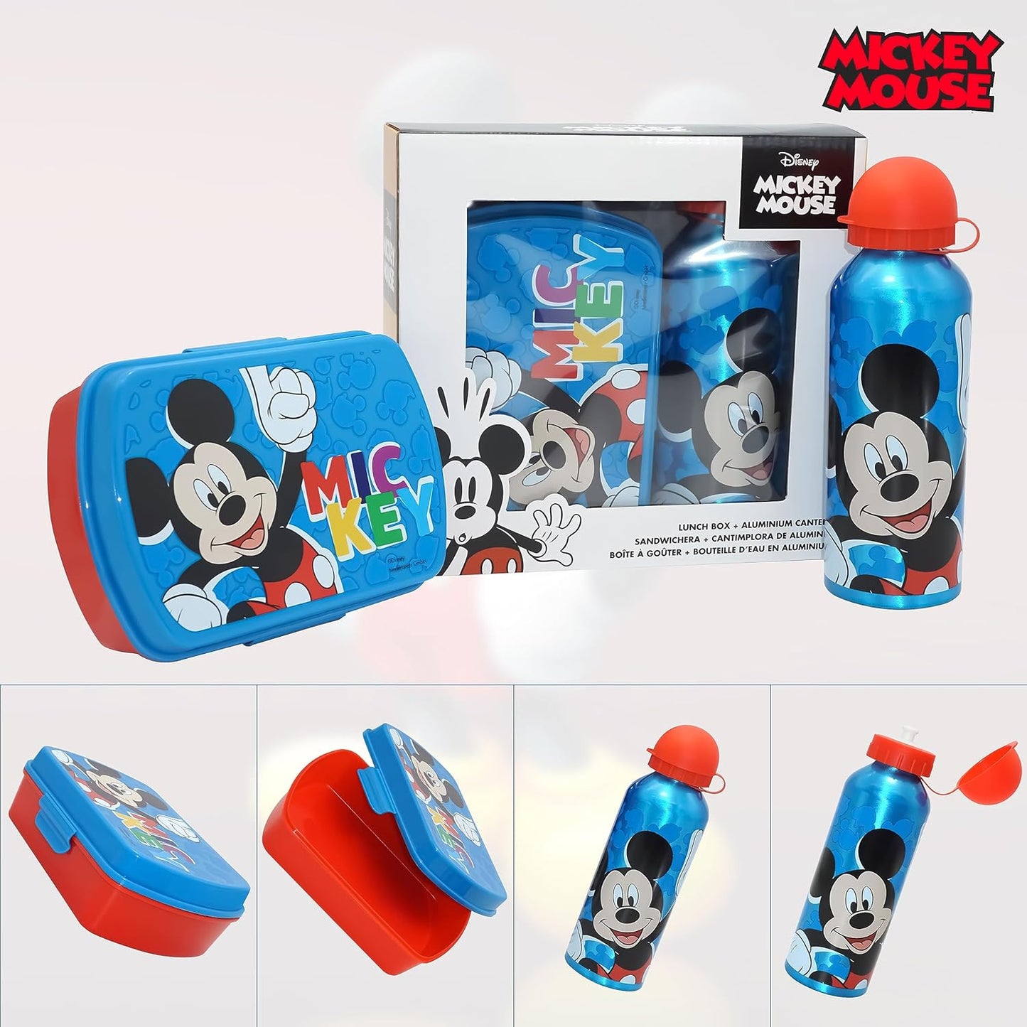 Pack Fiambrera y Botella de Acero Inoxidable Infantil Disney Mickey Mouse en Azul y Rojo