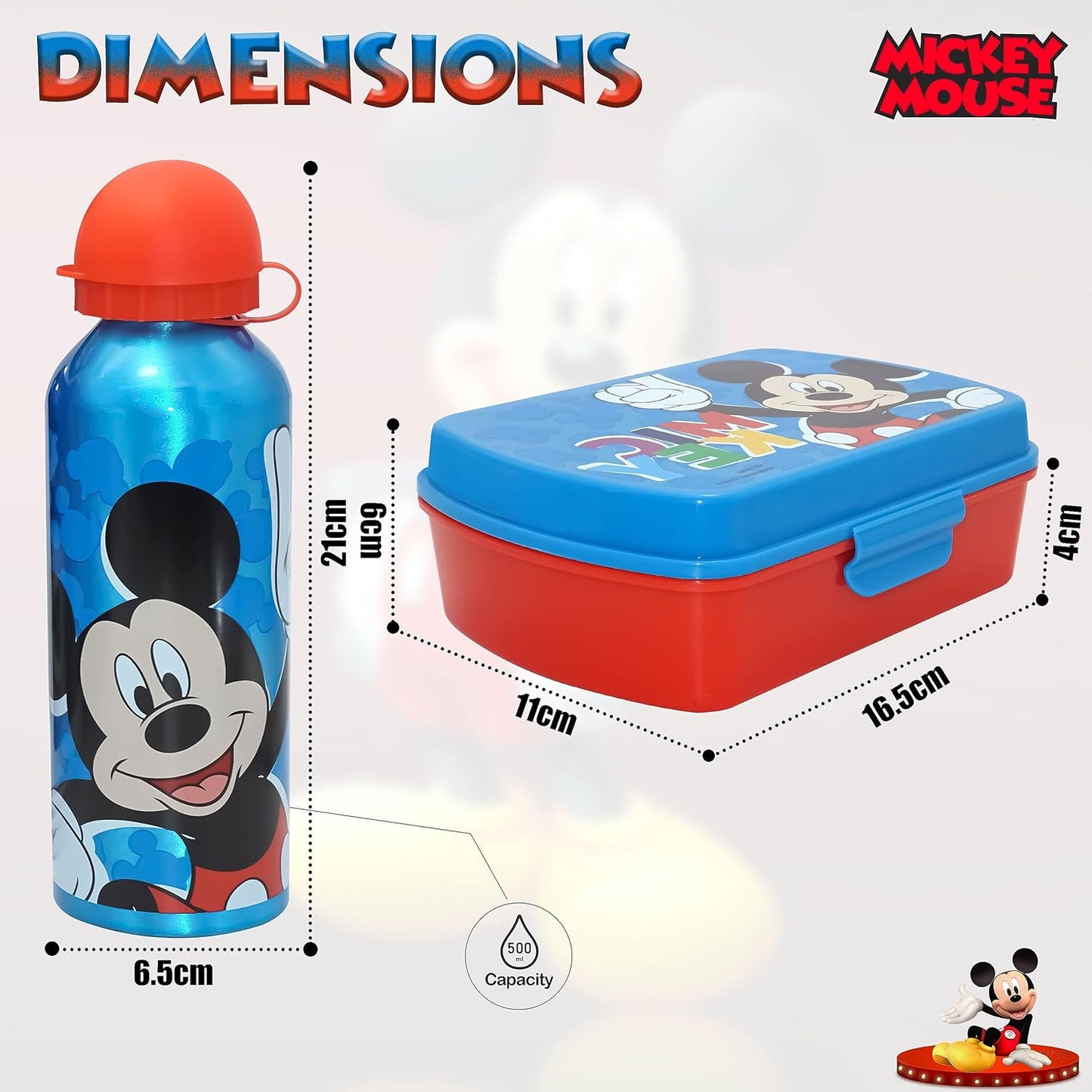 Pack Fiambrera y Botella de Acero Inoxidable Infantil Disney Mickey Mouse en Azul y Rojo