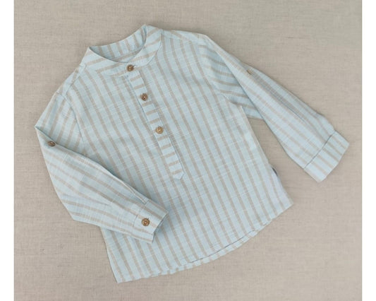 Camisa Coco y Miel de Lino para Niño – Rayas Celeste y color Arena | Cuello Mao