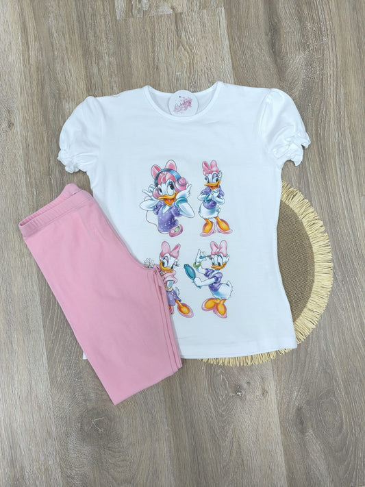 Conjunto de niña con estampado Daisy con leggin larga rosa bebé