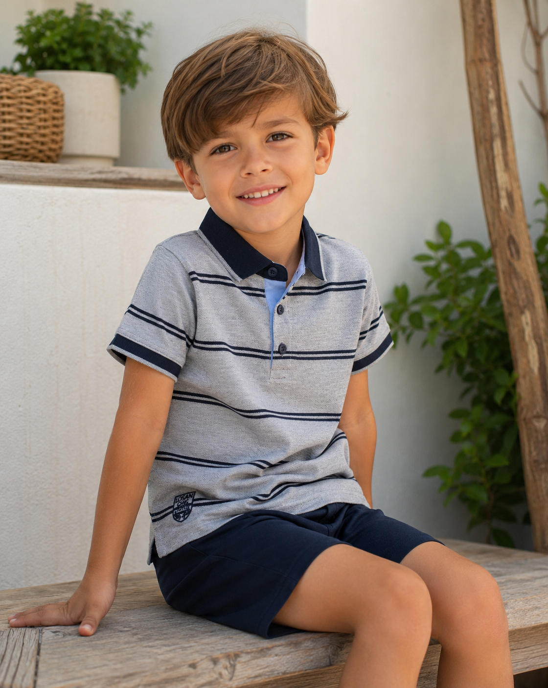 Polo de Niño Losan de Algodón Gris con Rayas Azul Marino – Manga Corta y Cuello Polero