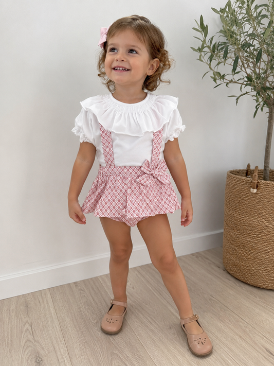 Braga con volante efecto falda para niña Cocote | Estampado étnico y tirantes cruzados