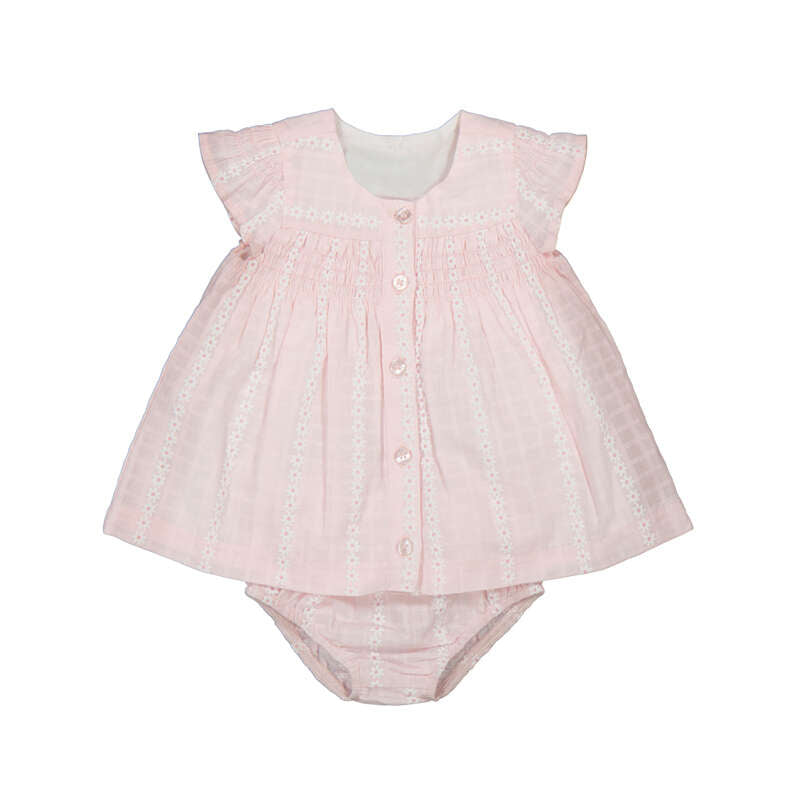 Vestido bebé de gasa rosa con cubrepañal | estampado floral y panal de abeja 🌸