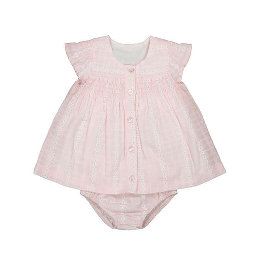 Vestido bebé de gasa rosa con cubrepañal | estampado floral y panal de abeja 🌸