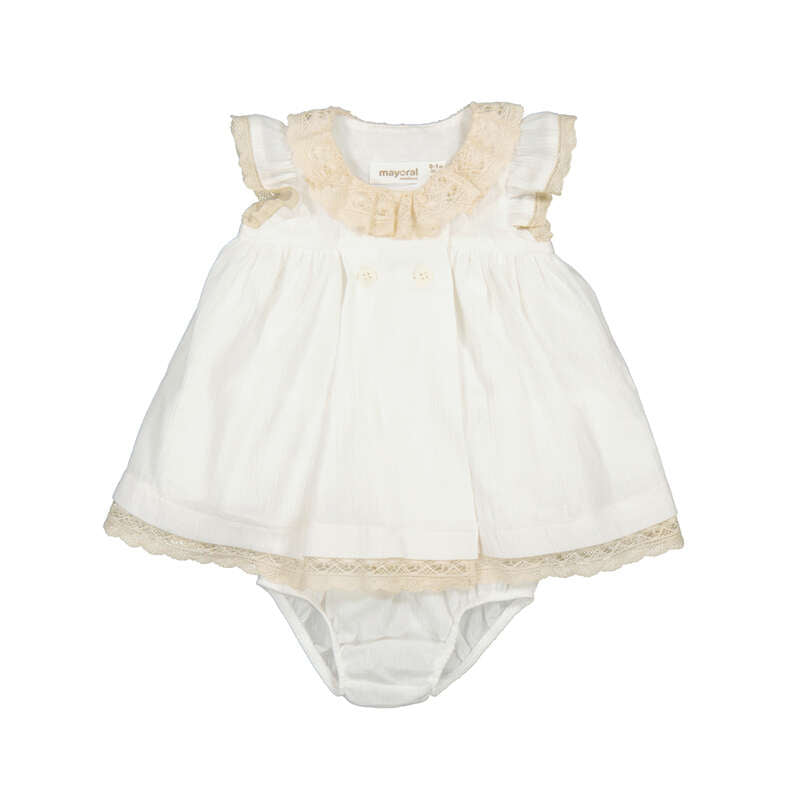 Vestido Bebé Niña Blanco con Encaje y Cubrepañal – Ceremonia, 100% Algodón