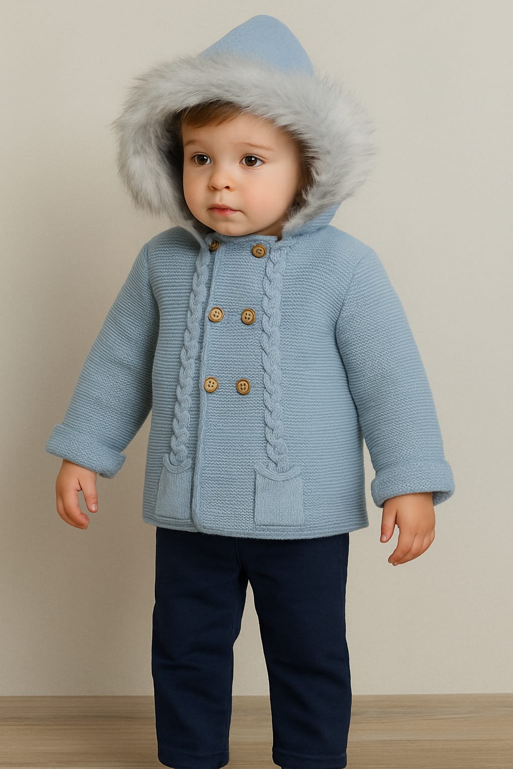 Chaqueta bebé Tony Bambino con Capucha con pelo en color azul | Doble punto mezcla | Apertura delantera | Tallas 18, 24 y 36 meses