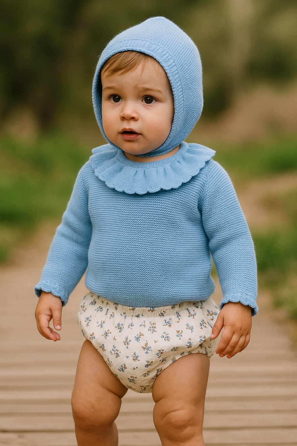 Conjunto de bebé Tony Bambino de tres piezas en lana azul con capota (tallas 6-24 meses)