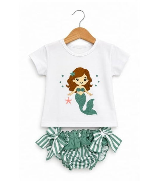 Bañador de Dos Piezas para Niña – Sirena Bordada & Rayas Verde Agua
