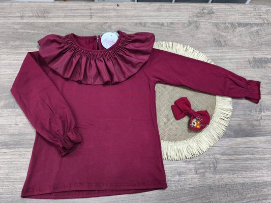 Camiseta de niña granate de manga larga con cuello volante (12 meses a 8 años)