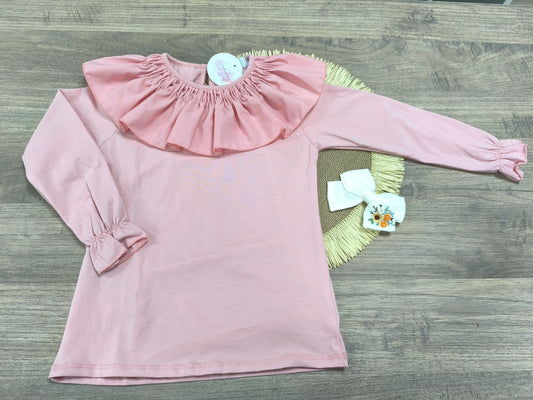Camiseta de niña rosa de manga larga con cuello volante (12 meses a 8 años)