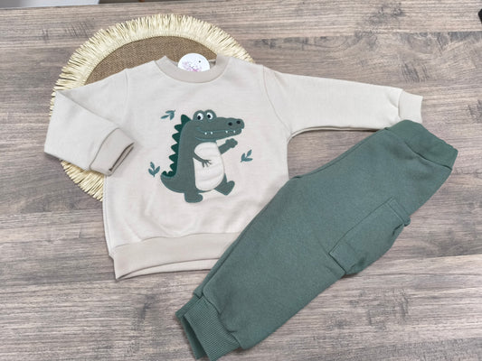 Chandan de invierno para bebés y niños | Sudadera forrada y pantalón cargo con cocodrilo bordado (12-48 meses)