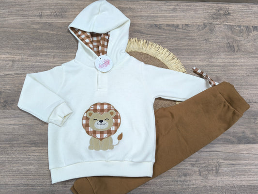 Chándal de bebé león | Sudadera blanca con león bordado y pantalón largo marrón (12-48 meses)