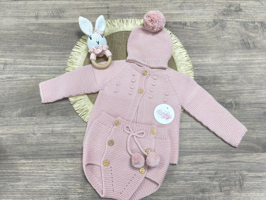 Conjunto de primera puesta rosa de lana para bebé | 3 piezas (1, 3 y 6 meses)