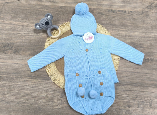 Conjunto de primera puesta azul de lana para bebé | 3 piezas (1, 3 y 6 meses)