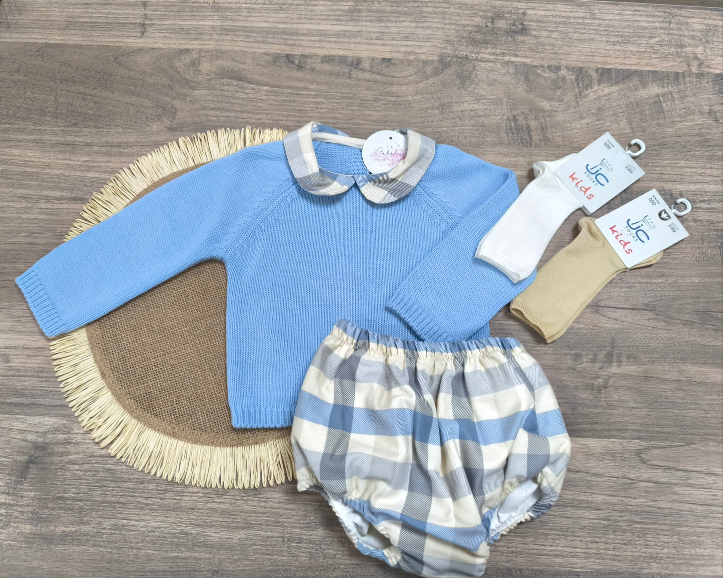 Conjunto de bebé azul de lana con braguita vichy forrada (tallas 3 a 24 meses)