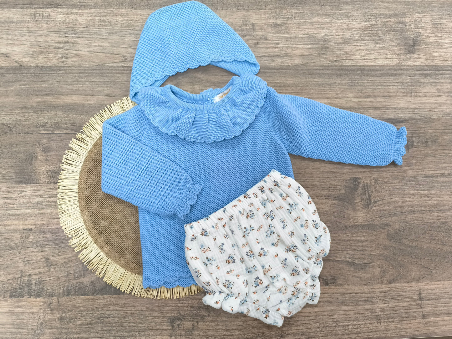 Conjunto de bebé Tony Bambino de tres piezas en lana azul con capota (tallas 6-24 meses)