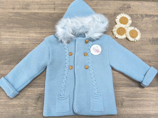 Chaqueta bebé Tony Bambino con Capucha con pelo en color azul | Doble punto mezcla | Apertura delantera | Tallas 18, 24 y 36 meses