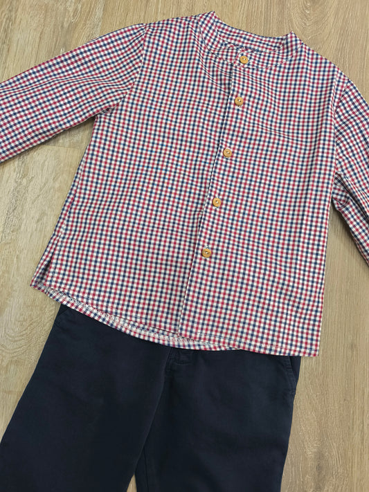 Camisa de manga larga y cuello mao para niño | 100% algodón | Vichy azul, rojo y blanco | Tallas 3 a 6 años