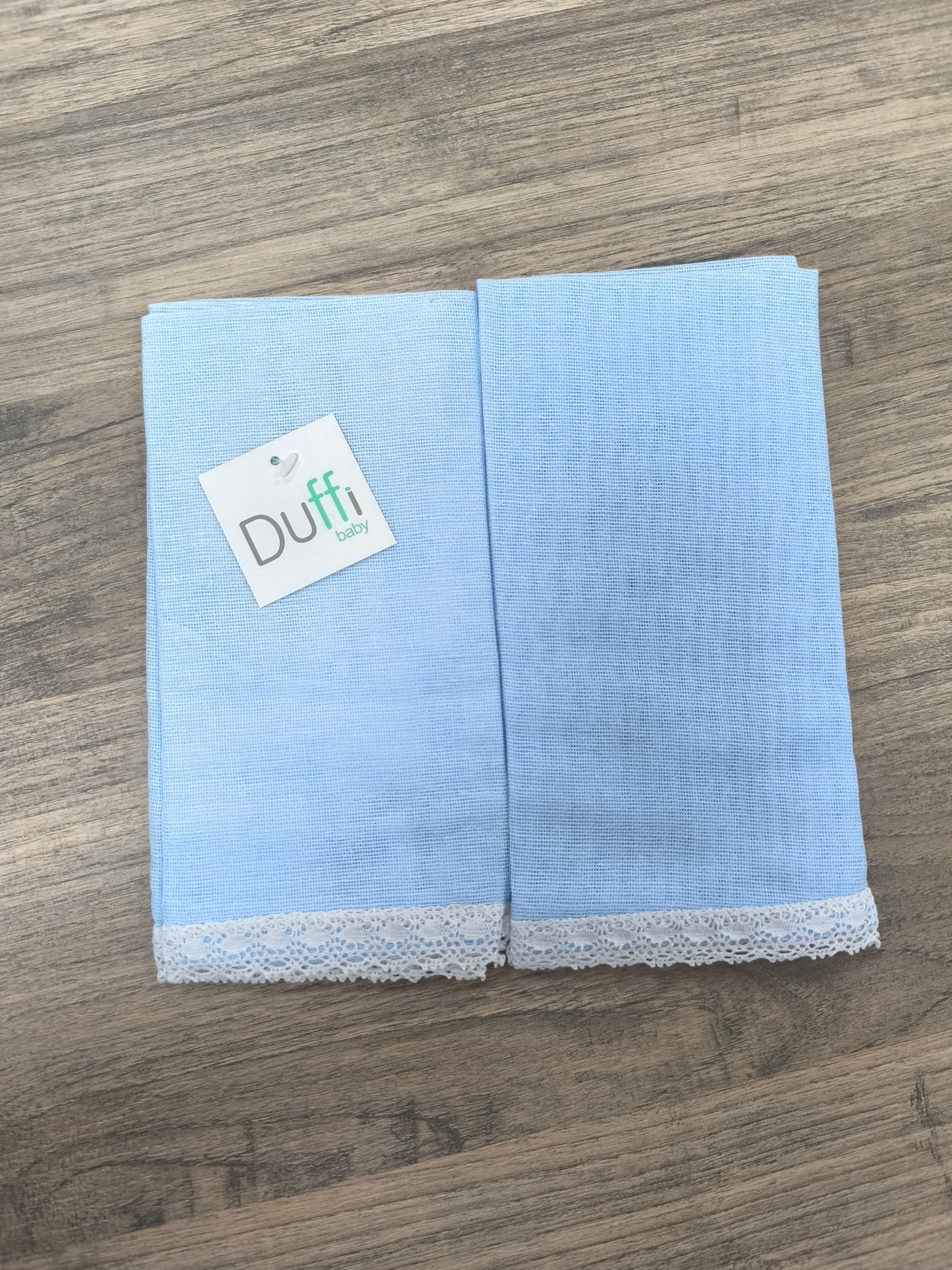 Pack de 2 Gasas de Bebé en Azul con Encaje – 100% Algodón | Duffy Bab