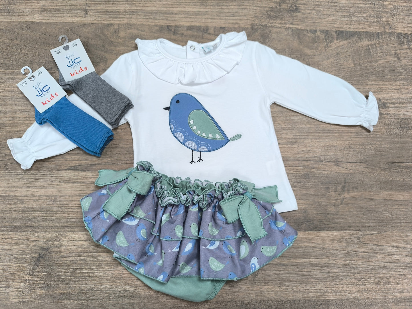 Conjunto de niña con bragafalda y camiseta bordada de pájaros – Algodón suave con interior microfelpa