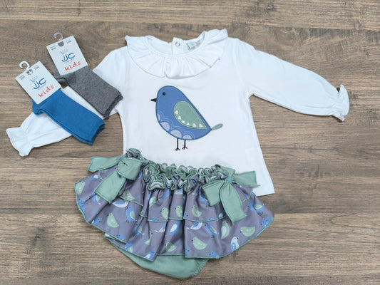 Conjunto de niña con bragafalda y camiseta bordada de pájaros – Algodón suave con interior microfelpa
