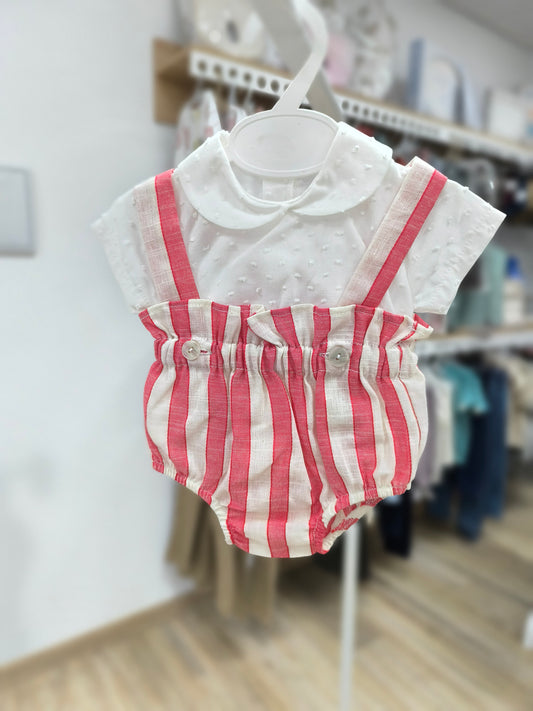 Conjunto de Dos Piezas para Bebé | Camisa Plumeti Blanca y Ranita de Lino a Rayas Rojas