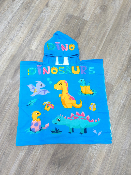 Toalla poncho con gorro para niño – Dinosaurios de colores | Ligera, divertida y de secado rápido (60x120 cm)
