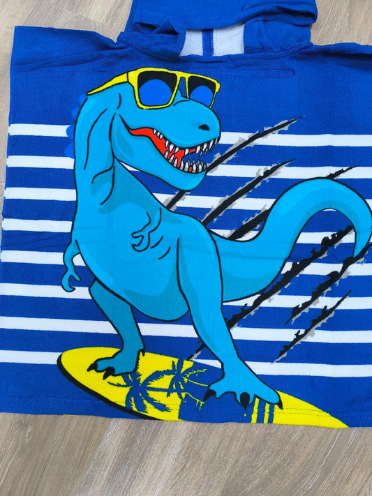 Toalla poncho con gorro para niño – T. rex surfista azul | Ligera, divertida y de secado rápido (60x120 cm)