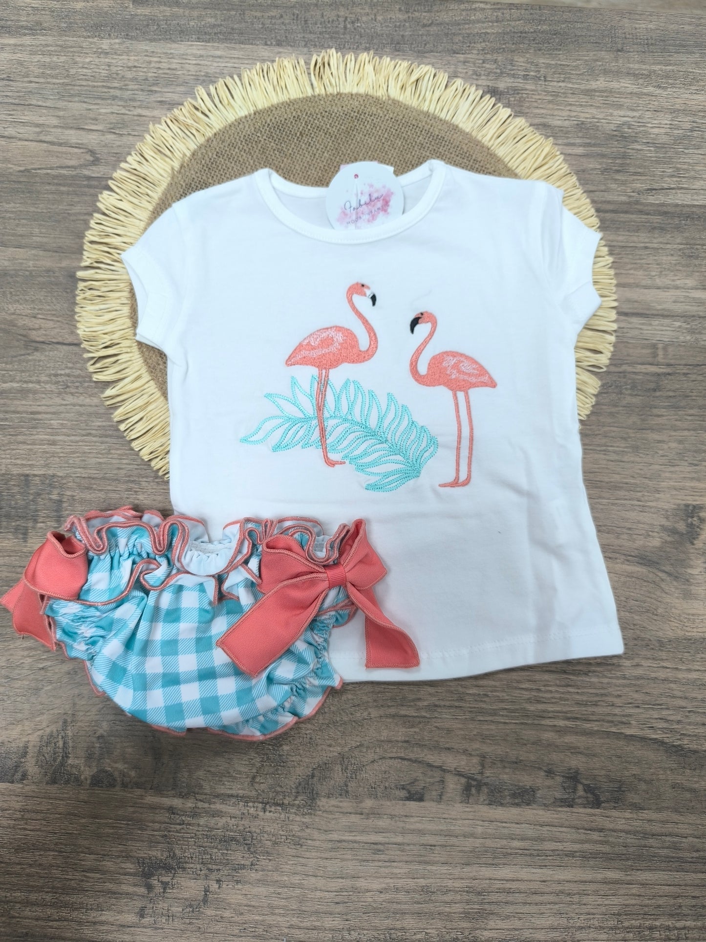 Conjunto de baño para niña con flamencos rosas y culetín vichy verde agua