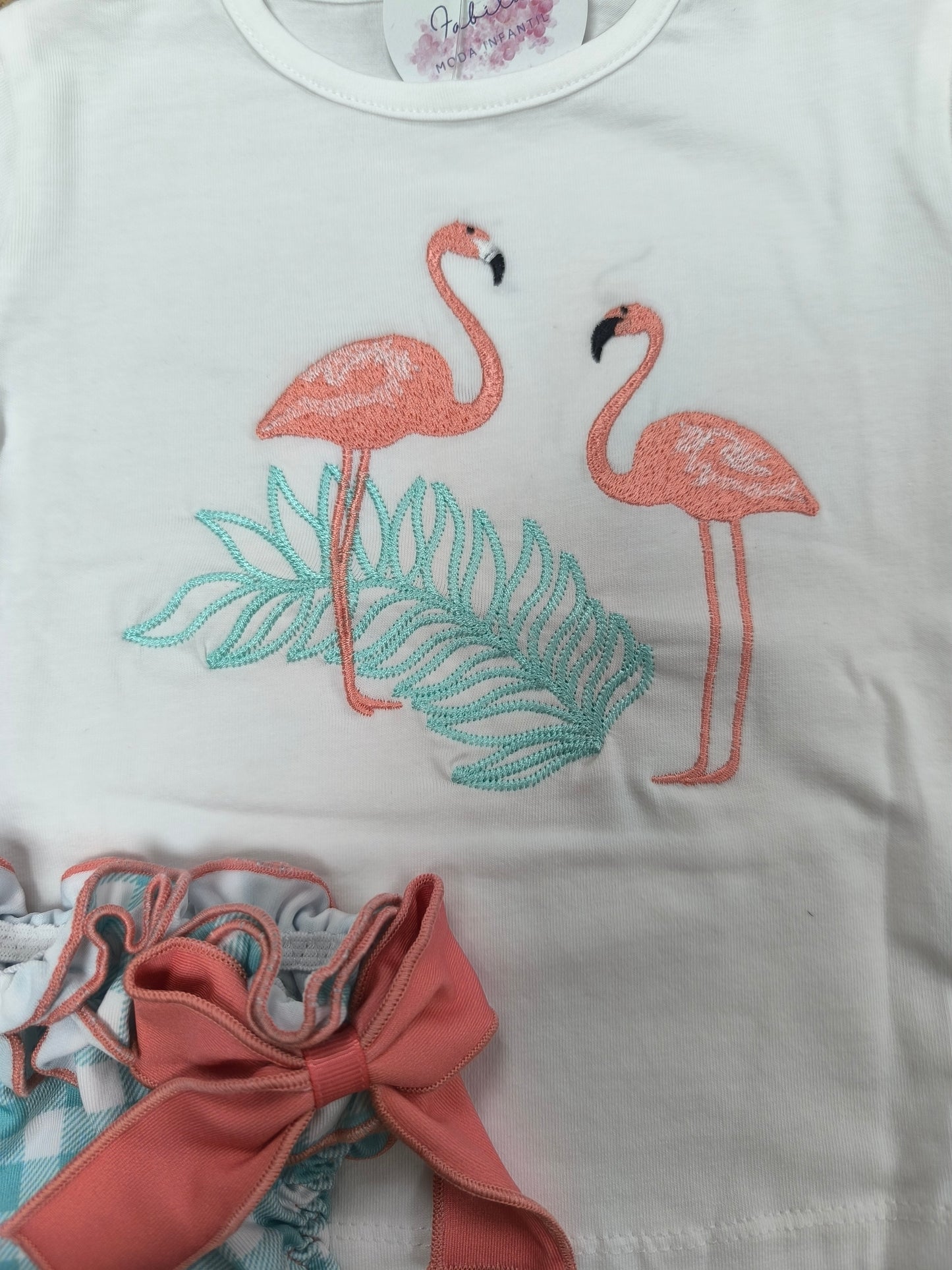 Conjunto de baño para niña con flamencos rosas y culetín vichy verde agua