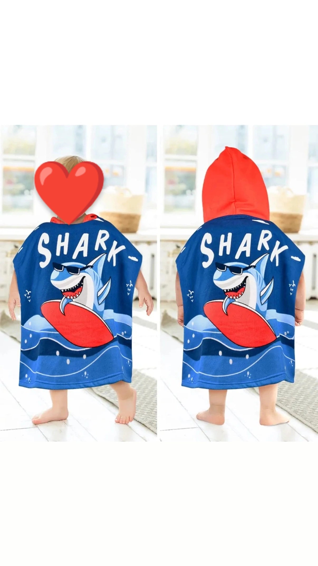 Toalla poncho con gorro para niño – Tiburón surfero azul | Ligera, divertida y de secado rápido (60x120 cm)