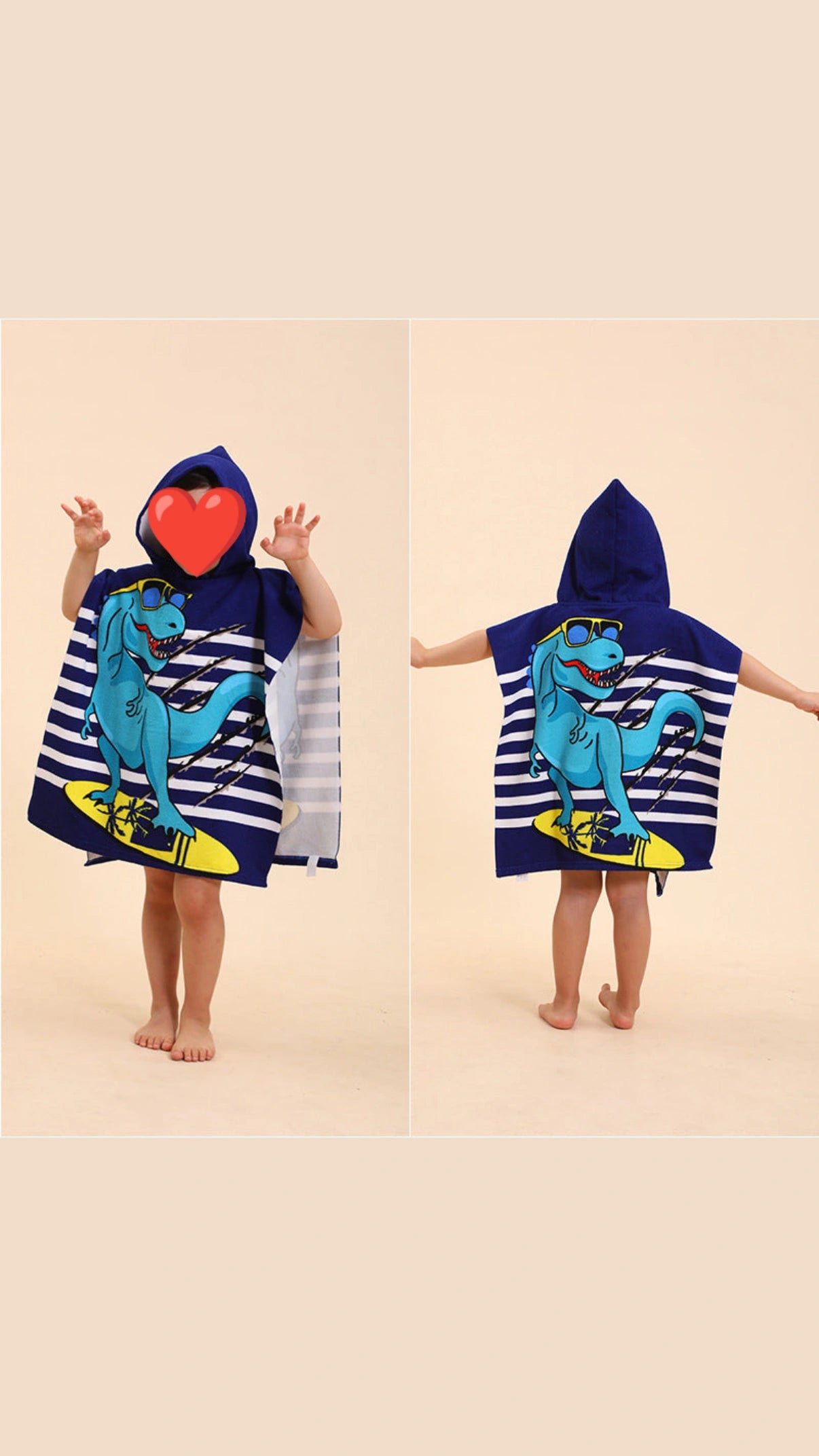 Toalla poncho con gorro para niño – T. rex surfista azul | Ligera, divertida y de secado rápido (60x120 cm)