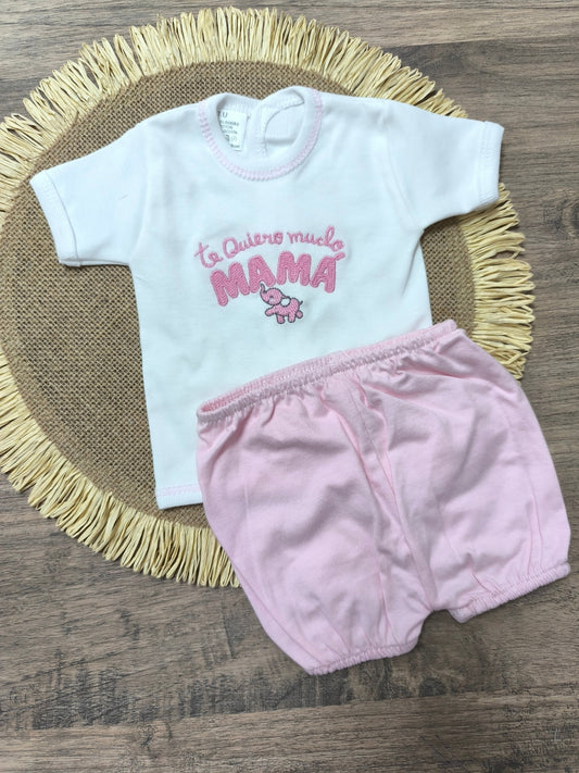 Conjunto primera puesta bebé 2 piezas – Camiseta bordada “Te quiero mucho mamá” y pololo rosa