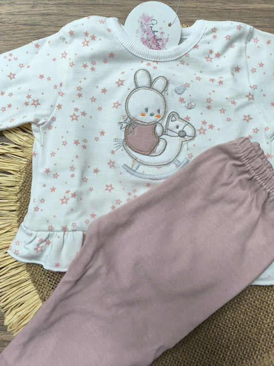 Conjunto de primera puesta para bebé de 2 piezas en algodón | Estampado conejito | Polaina amarilla | Marca Tony Bambino